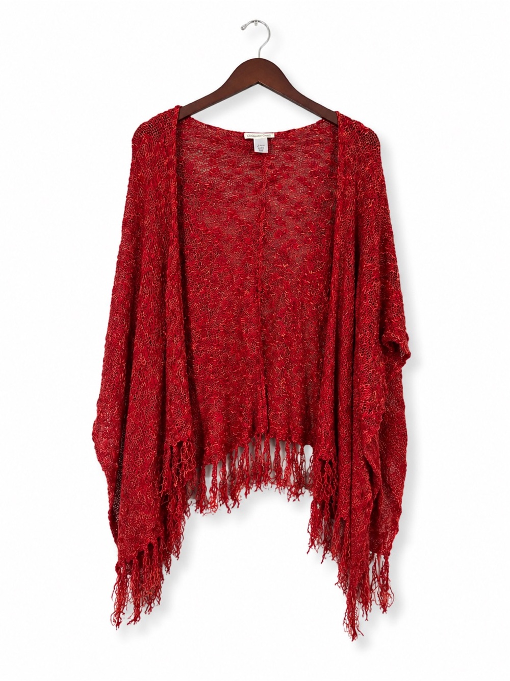 Coldwater Creek Red Orange Open Knit Fringe Shawl Wrap One Size Boho Layering